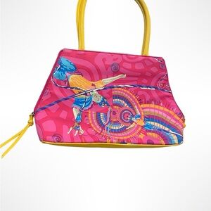 Pineda Covalin Mexico Pink Silk Graphic Art Print Handbag Yellow‎ Leather Trim